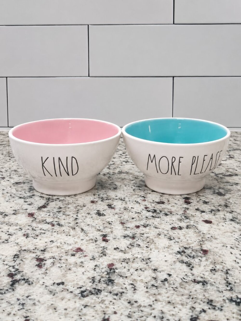 Rae Dunn Pink & Blue Interior Ceramic Bowls - 'Kind' & 'More' cereal snacks